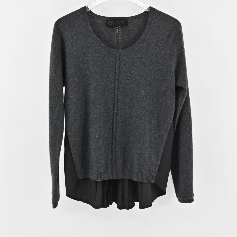 Quinn Mixed Media Sweater Womens Size S Gray Black Pleated Back Cashmere Silk